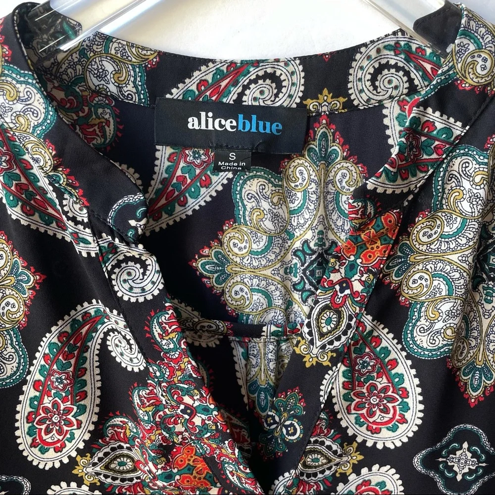 Alice Blue Black Multicolor Paisley Floral Print Split Neck Long Sleeve Top - Picture 9 of 14